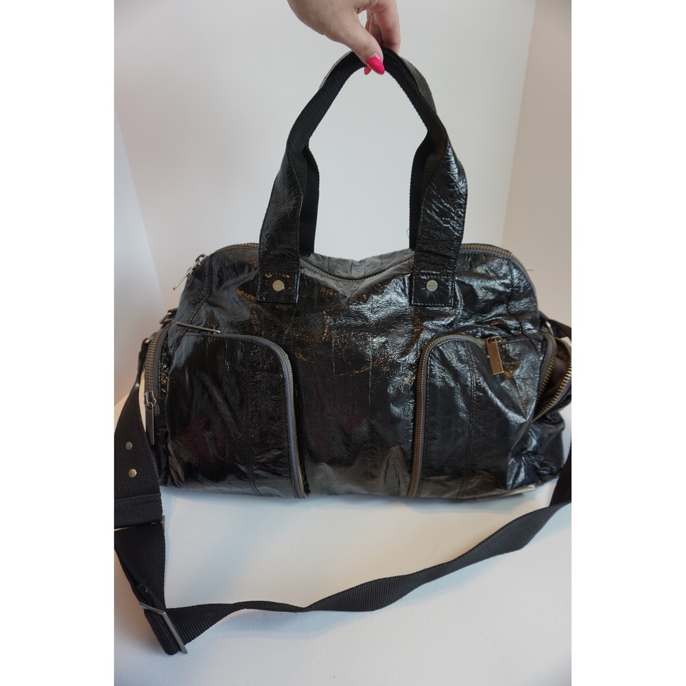 Matt & Nat Black Vegan Leather Satchel Crossbody Bag Glossy Crinkle Multi-Pocket